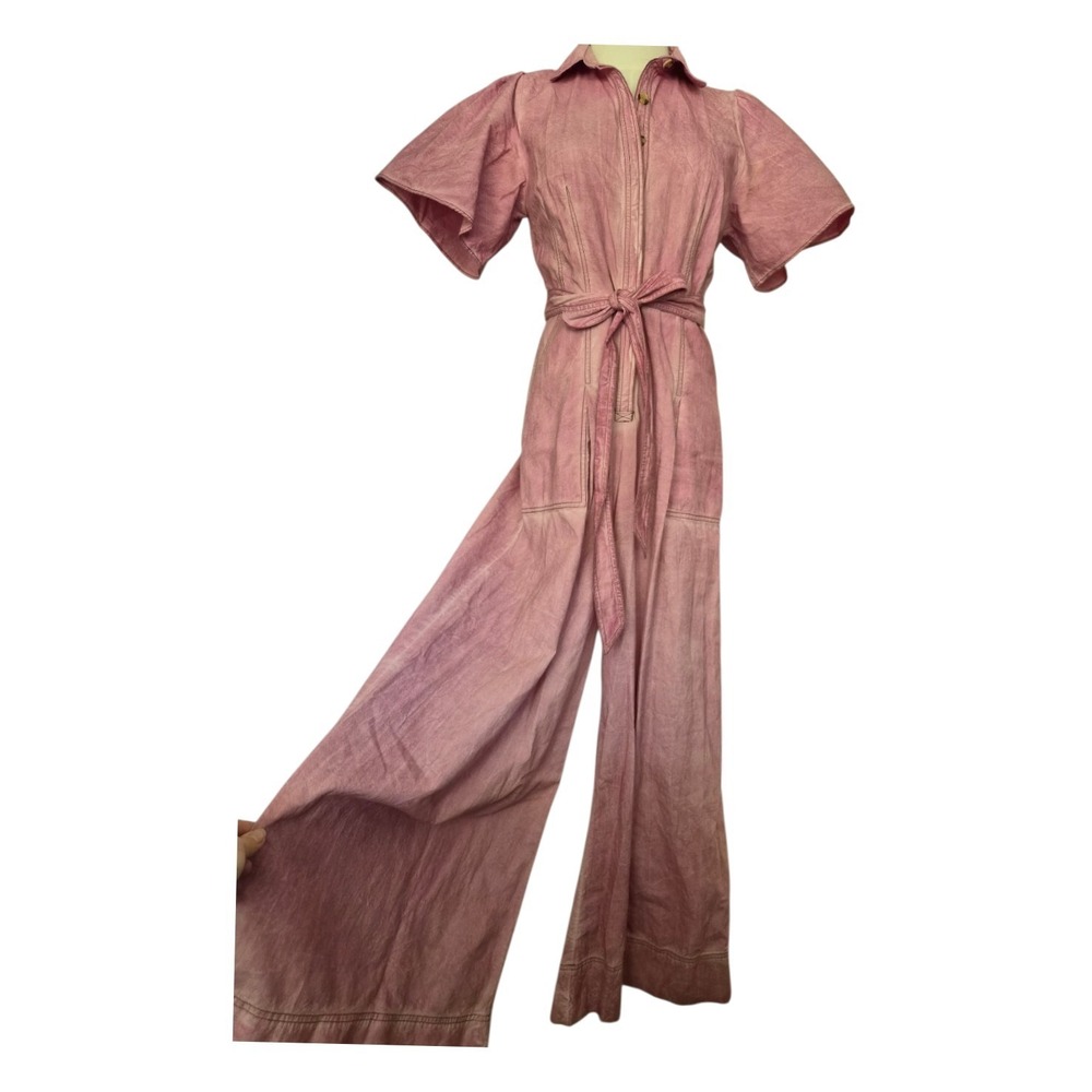 Free People Pink Chambray Wide Leg Jumpsuit Puff Sleeve Belted‎ Boho Size 2